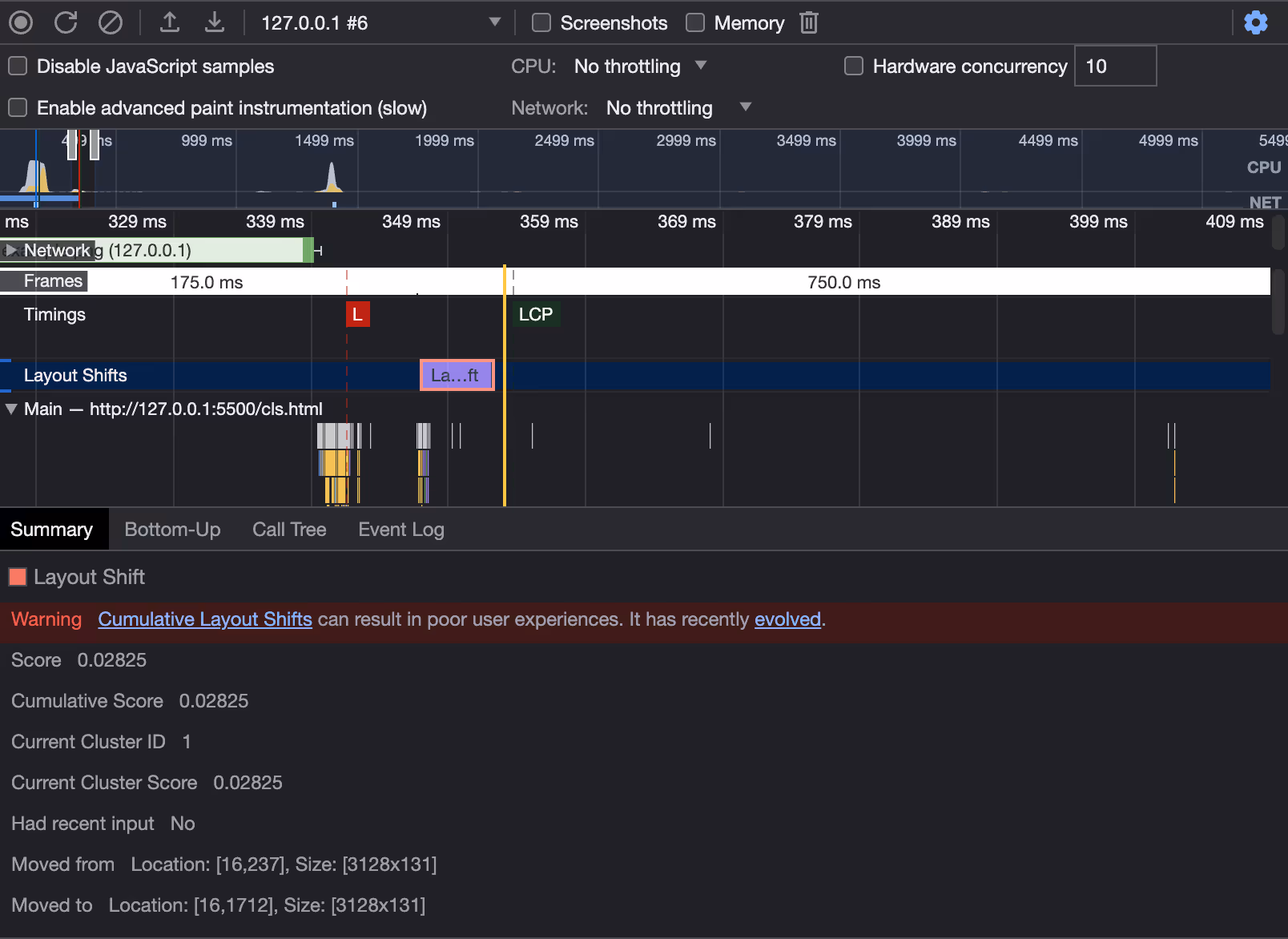 Chrome DevTools - Layout Shifts