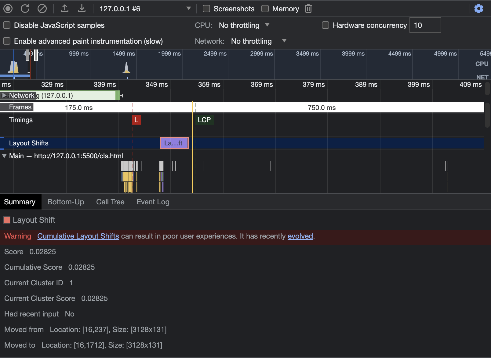 Chrome DevTools - Layout Shifts