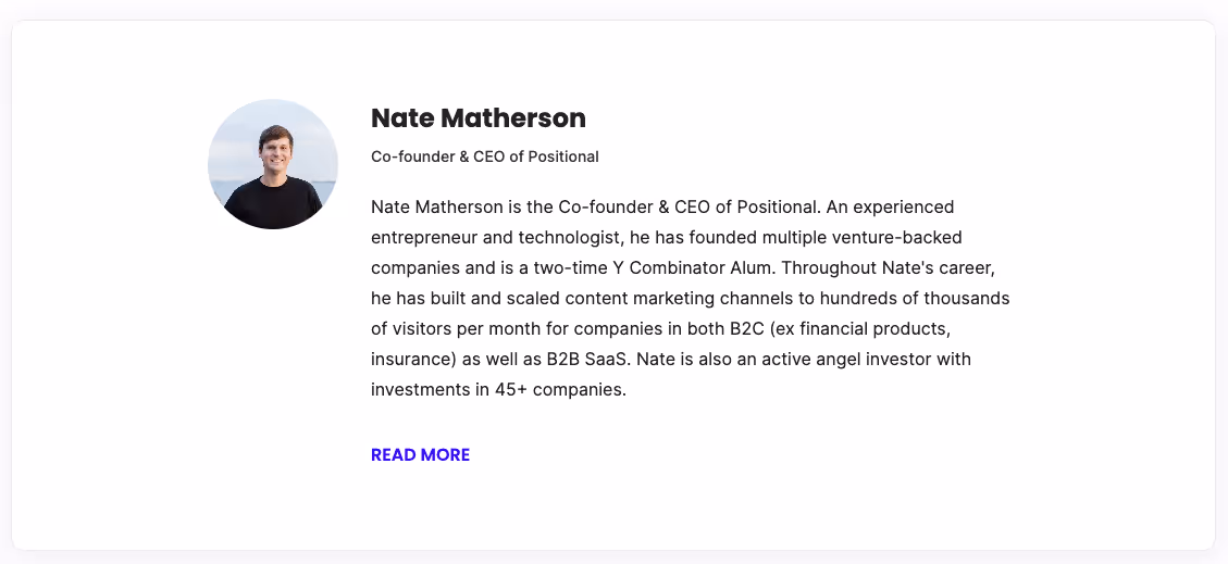 Author profile example on Positional.com
