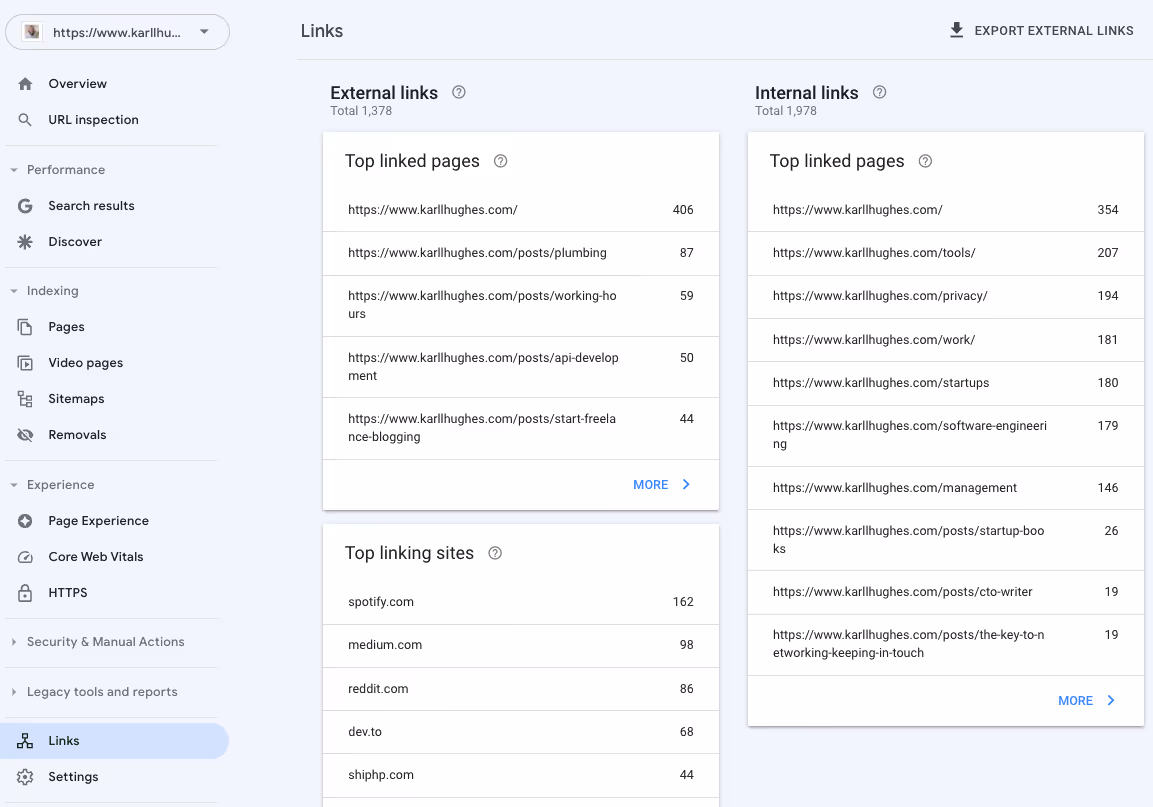 Links report in Google Search Console