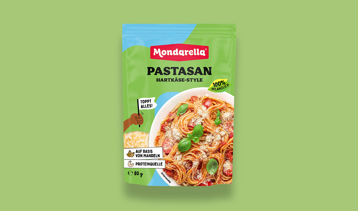 Packaging design for Mondarella, a plant-based cheese.