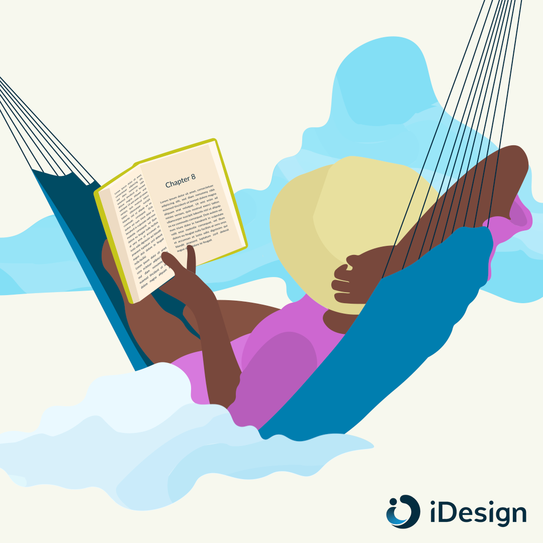 Woman relaxing in a hammock in the sky while reading a book