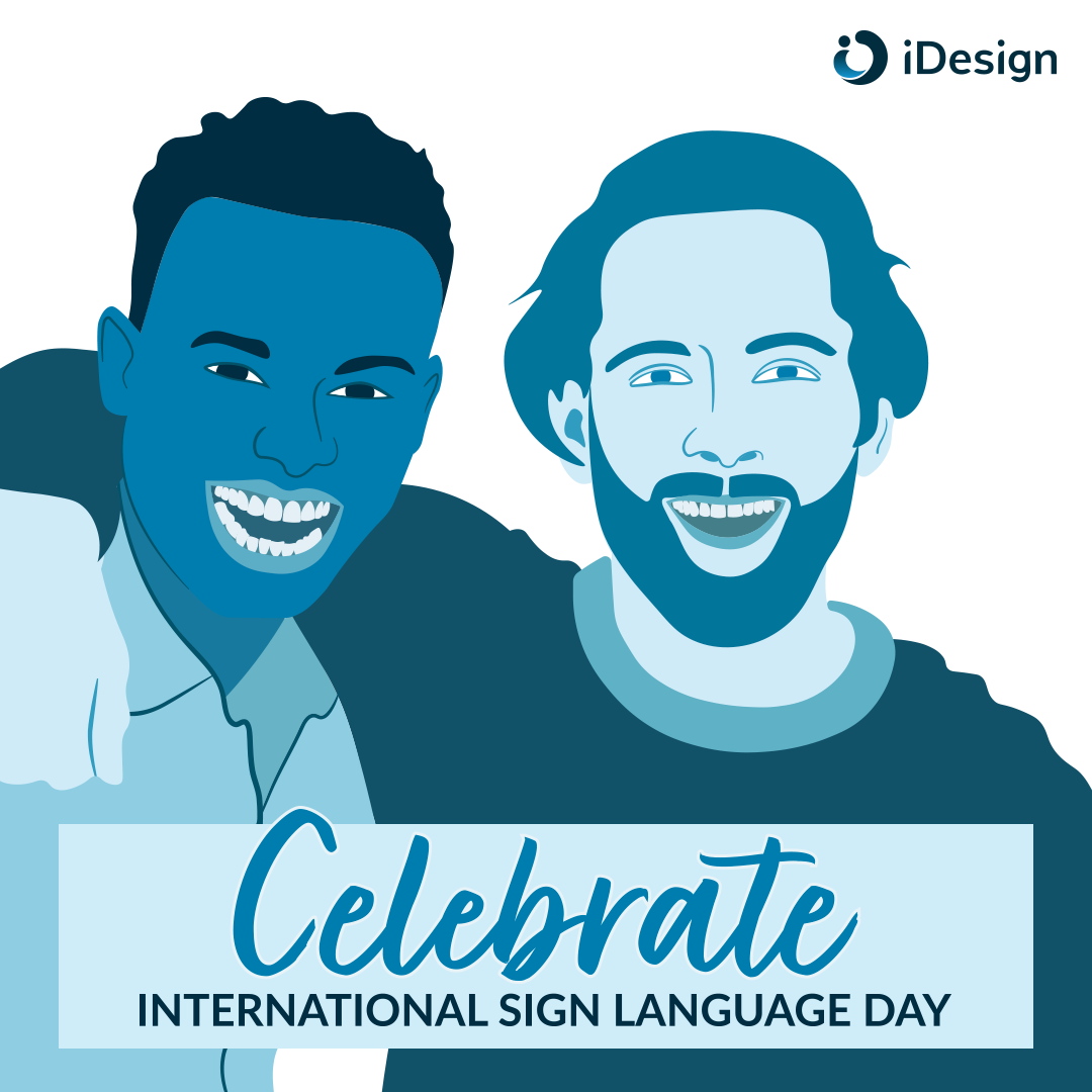 Two friends are smiling with their arms around one another. The portrait is a stylized illustration in which each person is depicted in shades of blue