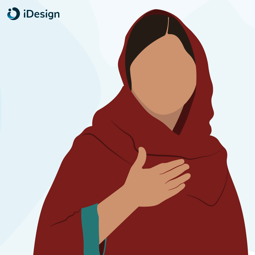 An illustration of Malala with her hand over her chest, looking over her shoulder. The portrait leaves out her facial features