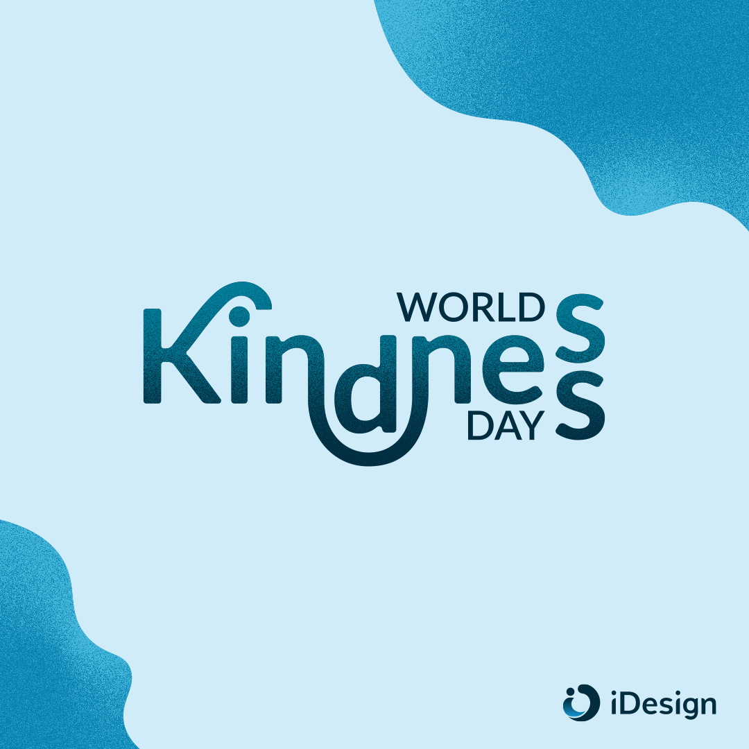 An all-blue post with the words "World Kindness Day" in the cetner. The word, "kindness" features a typographical tweaks and a blue-to-dark-blue gradient