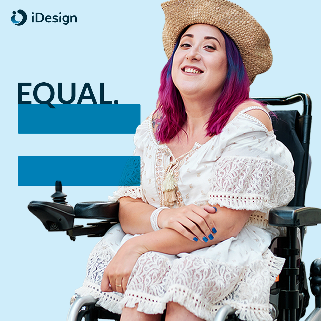 A woman with purple + pink dyed hair smiles in a wheelchair. A blue equal sign with the word "equal" written on the top line slightly overlays her portrait