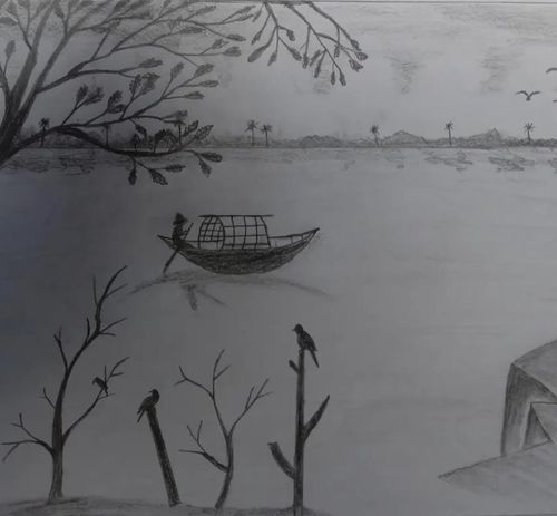 Bleistift Zeichnung Landschaft See Boot Livarto Schüler Konstantin R.