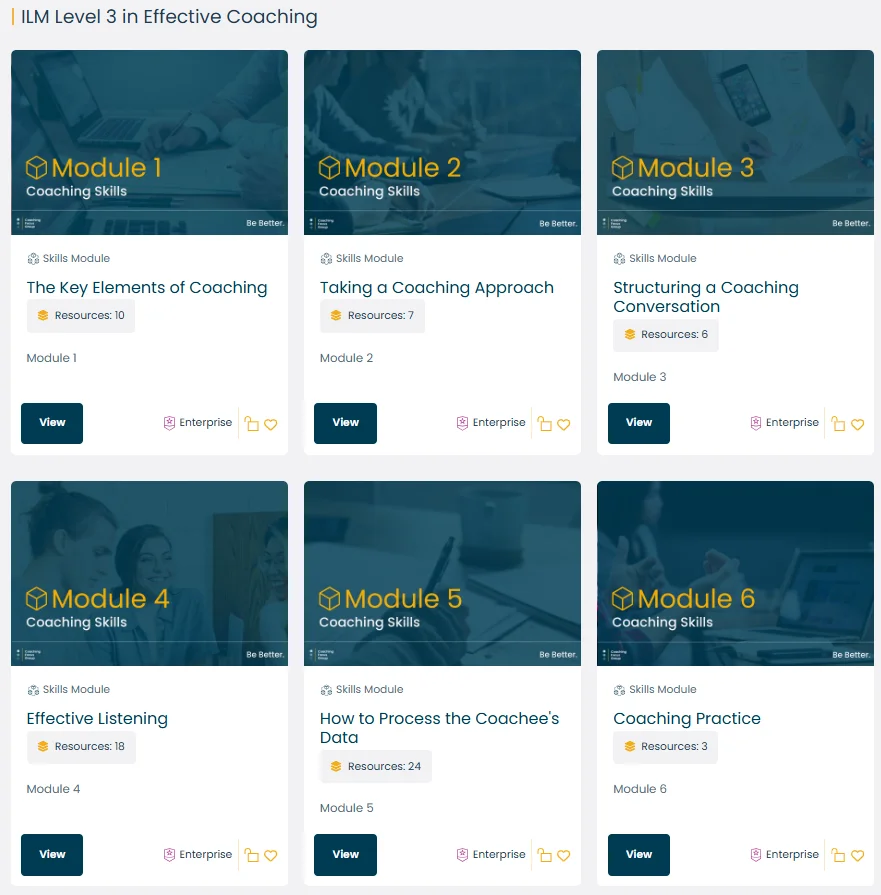 A digital graphic promoting Coaching Focus Group’s Leader as a Coach Programme Resources. The design shows six online learning modules titled: The Key Elements of Coaching, Taking a Coaching Approach, Structuring a Coaching Conversation, Effective Listening, How to Process the Coachee’s Data, and Coaching Practice. The background features grey directional arrows and the Coaching Focus Group logo, with the web link coaching-focus.com/leader-as-coach displayed at the bottom.