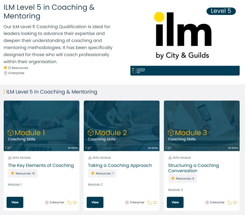 A digital graphic promoting Coaching Focus Group’s Leader as a Coach Programme Resources. The design shows six online learning modules titled: The Key Elements of Coaching, Taking a Coaching Approach, Structuring a Coaching Conversation, Effective Listening, How to Process the Coachee’s Data, and Coaching Practice. The background features grey directional arrows and the Coaching Focus Group logo, with the web link coaching-focus.com/leader-as-coach displayed at the bottom.