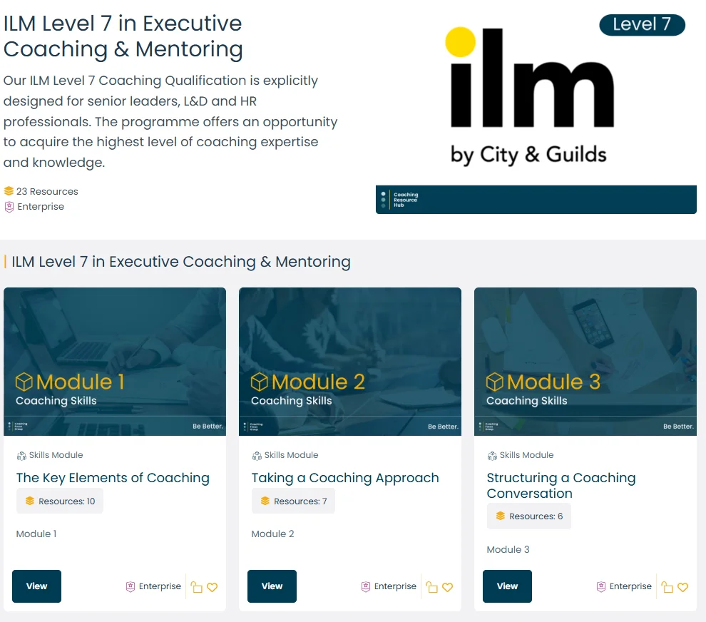A digital graphic promoting Coaching Focus Group’s Leader as a Coach Programme Resources. The design shows six online learning modules titled: The Key Elements of Coaching, Taking a Coaching Approach, Structuring a Coaching Conversation, Effective Listening, How to Process the Coachee’s Data, and Coaching Practice. The background features grey directional arrows and the Coaching Focus Group logo, with the web link coaching-focus.com/leader-as-coach displayed at the bottom.