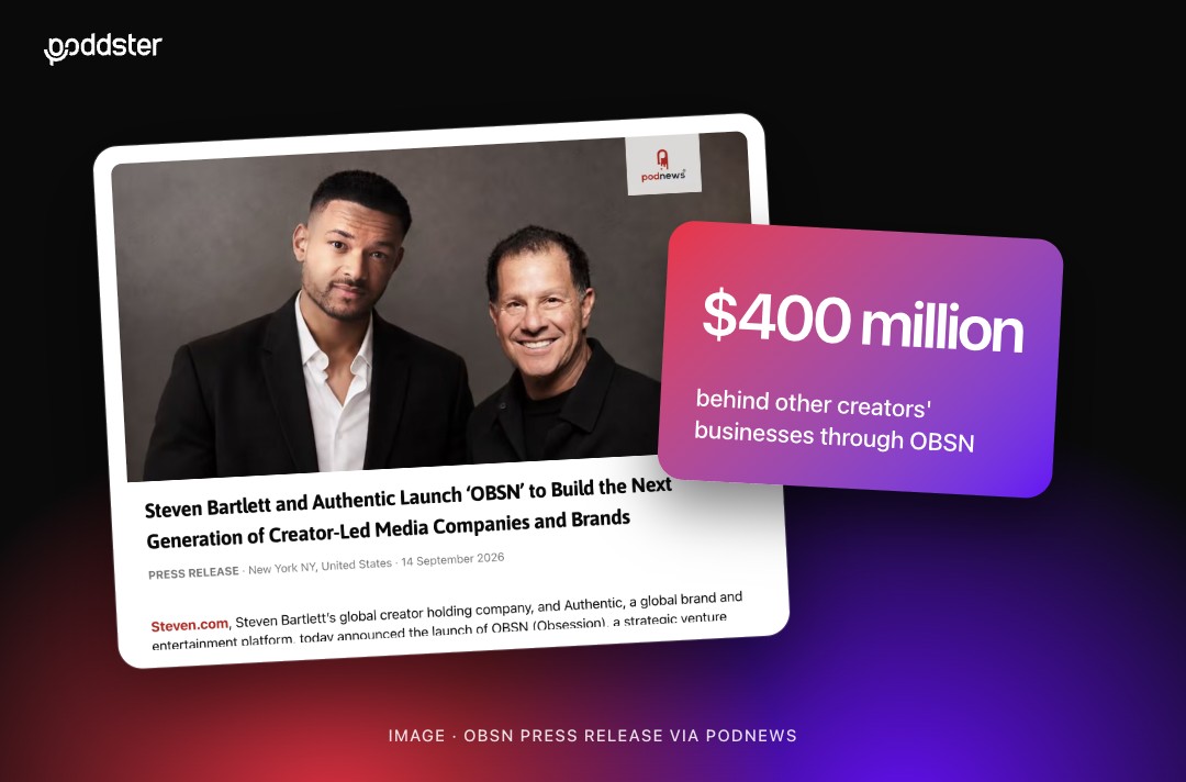 OBSN launch press release with a photo of Steven Bartlett and Jamie Salter, headlined Steven Bartlett and Authentic Launch OBSN, with a callout that the venture will put $400 million behind other creators' businesses