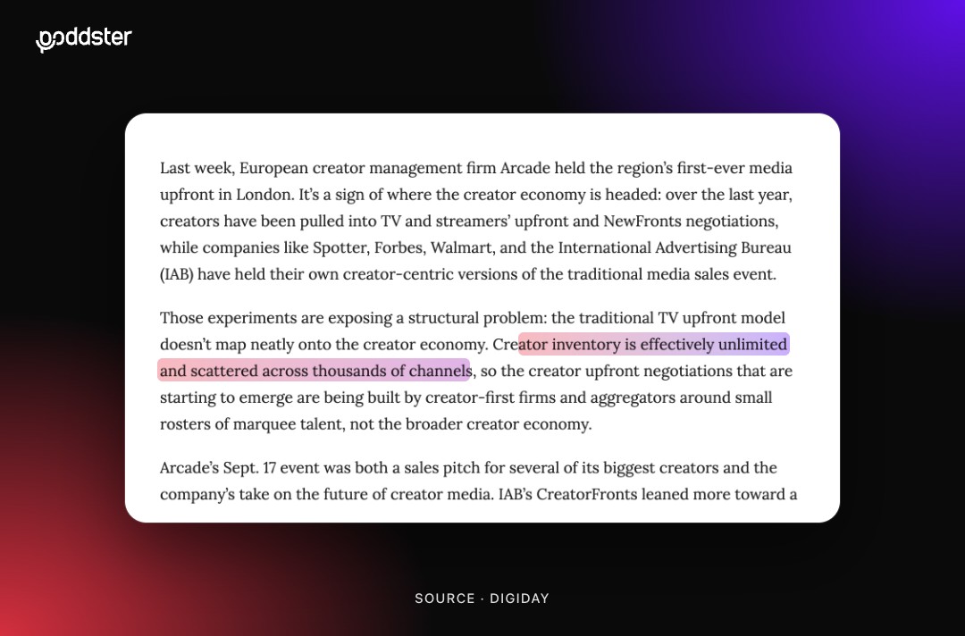 Digiday article on creator upfronts with the line saying creator inventory is effectively unlimited and scattered across thousands of channels highlighted