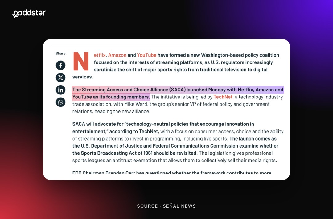 Señal News report with the line saying the Streaming Access and Choice Alliance launched with Netflix, Amazon and YouTube as founding members highlighted