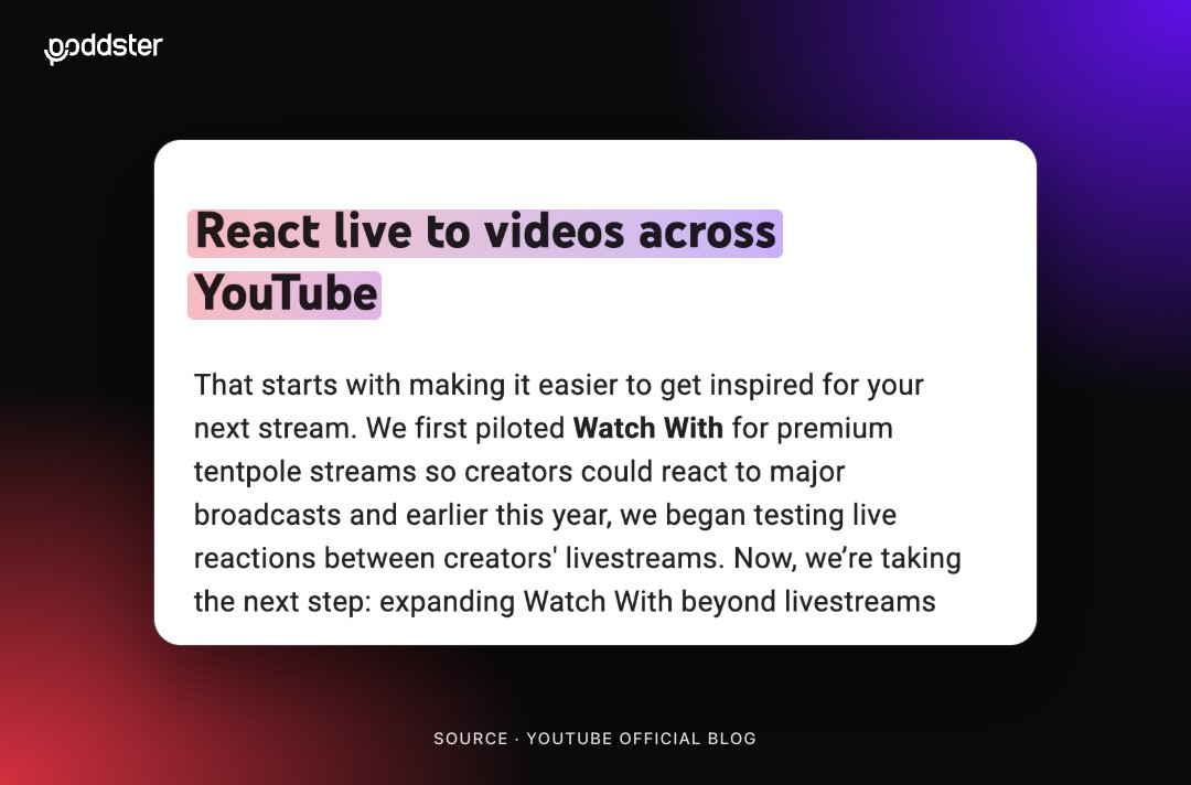 YouTube Official Blog section headlined React live to videos across YouTube, explaining Watch With is expanding to eligible long-form videos, with the headline highlighted