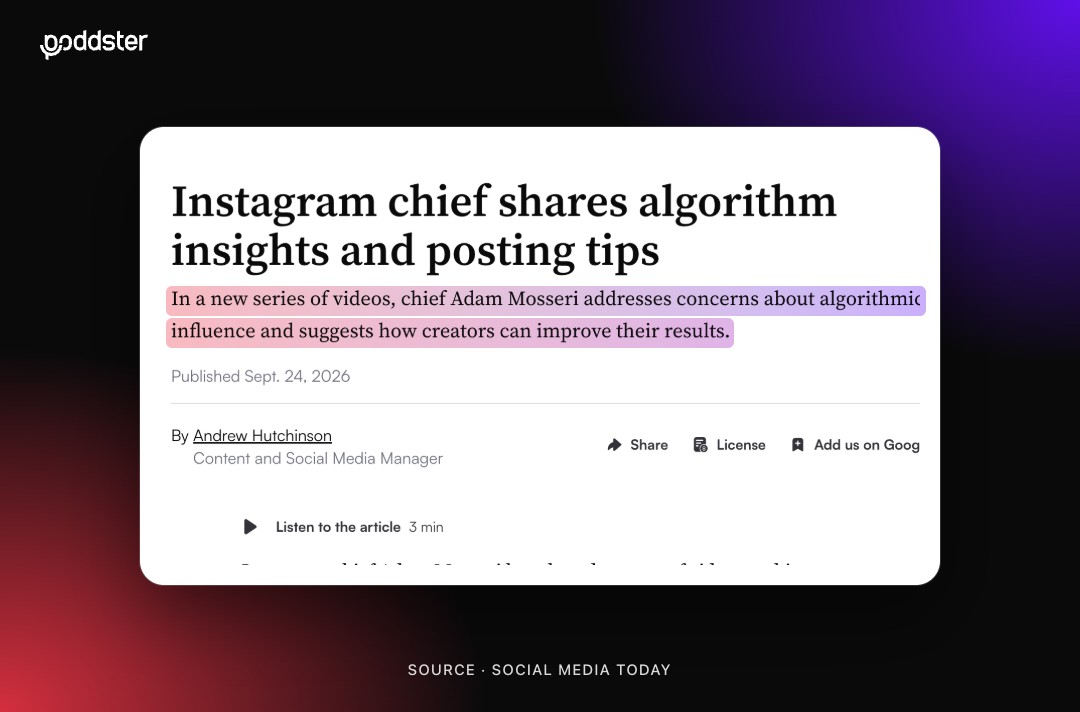 Social Media Today article headlined Instagram chief shares algorithm insights and posting tips, with the line about Adam Mosseri's new series of videos highlighted