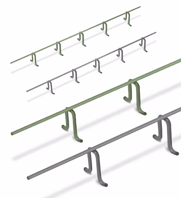 American Highway’s bar supports positioning rebar in warehouse concrete flatwork, ensuring stable reinforcement for high-traffic durability. Close-up of American Highway’s bar supports in industrial flatwork, securing rebar for robust, long-lasting concrete performance.