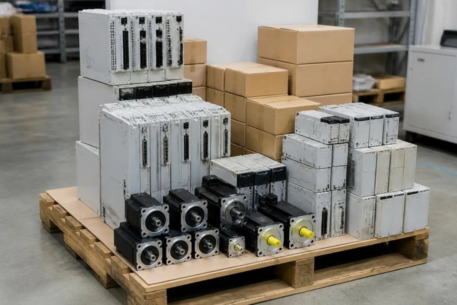 Mitsubishi Electric Ankauf: Palette mit Servoverstärkern, Servomotoren und SPS