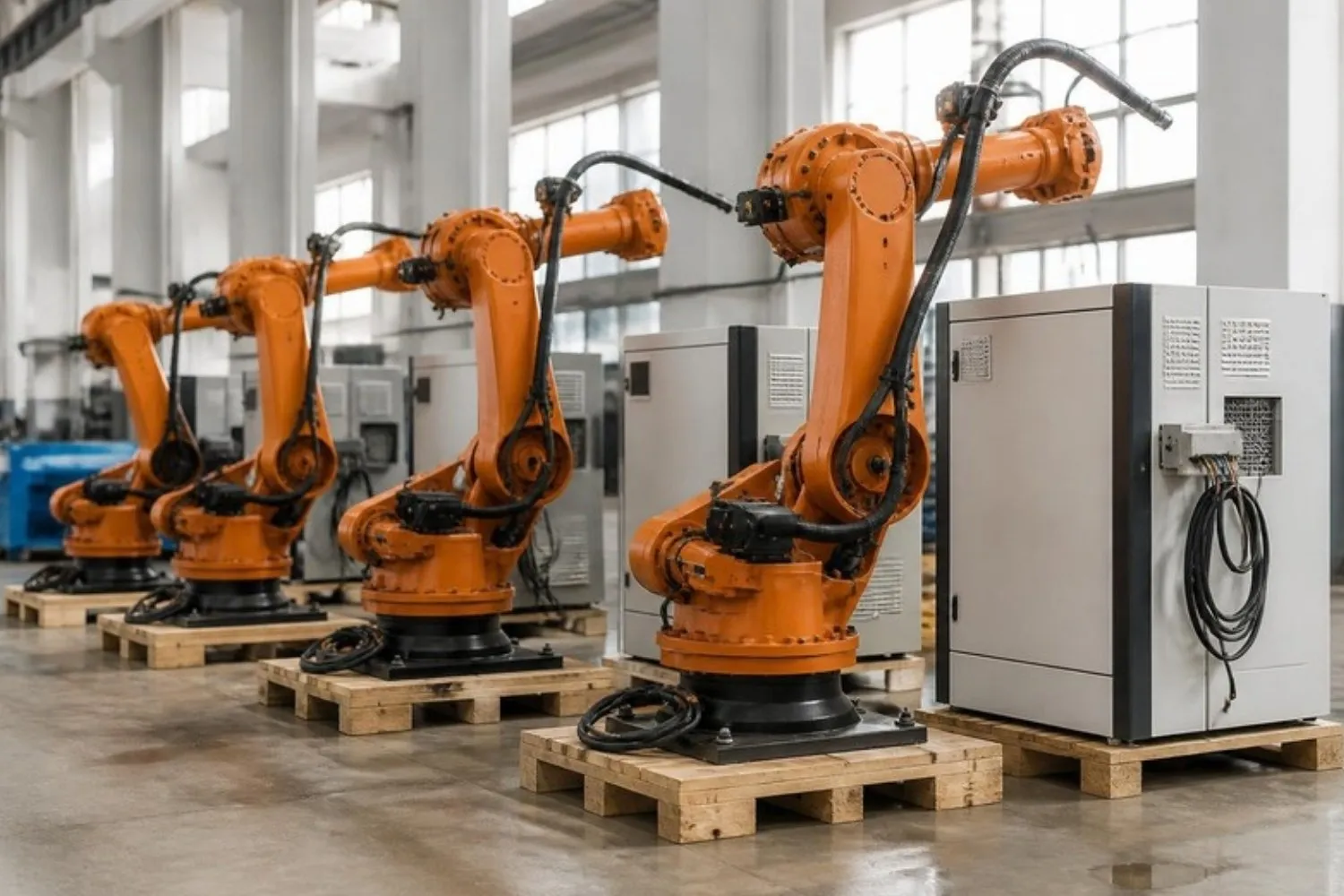 Kuka Ankauf: komplette Roboterlinie mit Industrierobotern und Steuerschränken