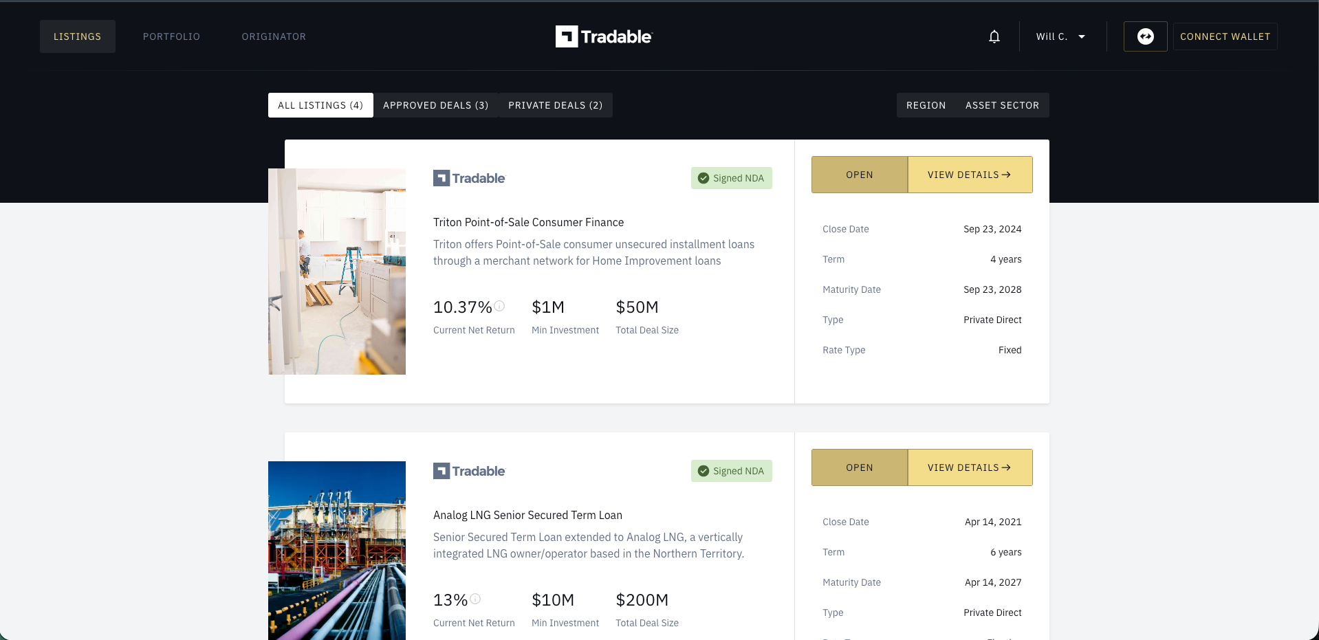 Tradable listings page displaying available deals with returns, minimum investments, and deal summaries