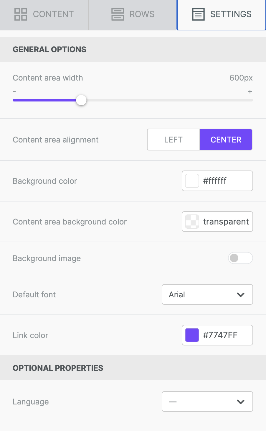  Settings tab of the sidebar within the builder