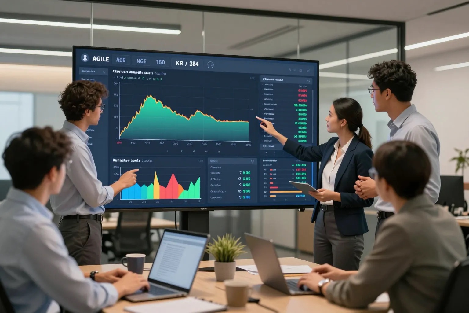 Métriques Agiles 2026-2027 : Équipe analysant un dashboard de KPIs agiles