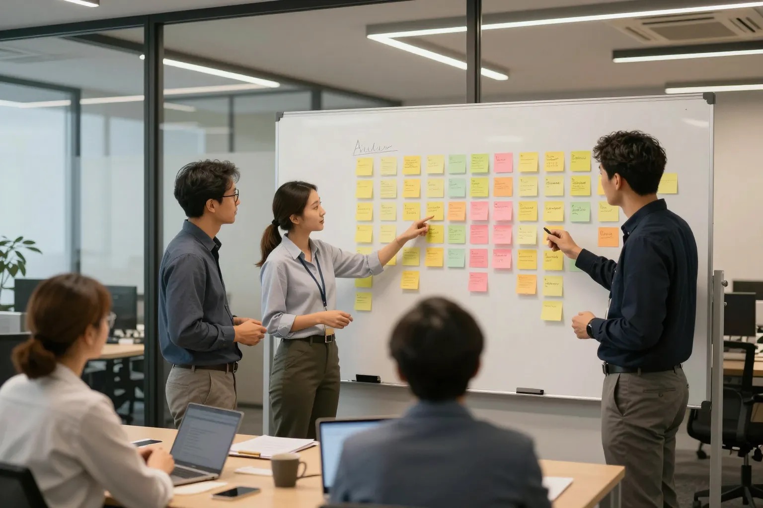 Rétrospectives agiles : équipe en session de rétrospective avec post-its