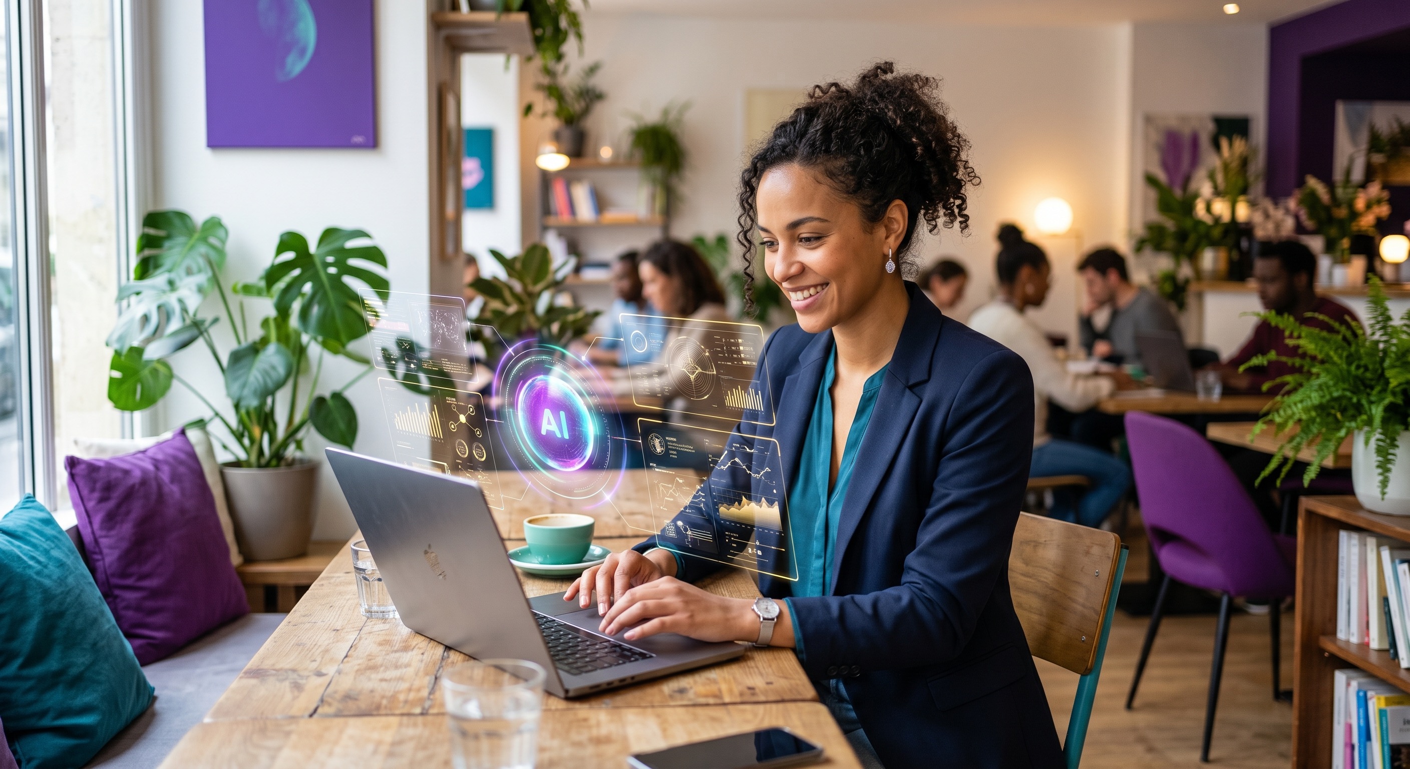 Formation IA 2026 : professionnel utilisant intelligence artificielle avec interface holographique