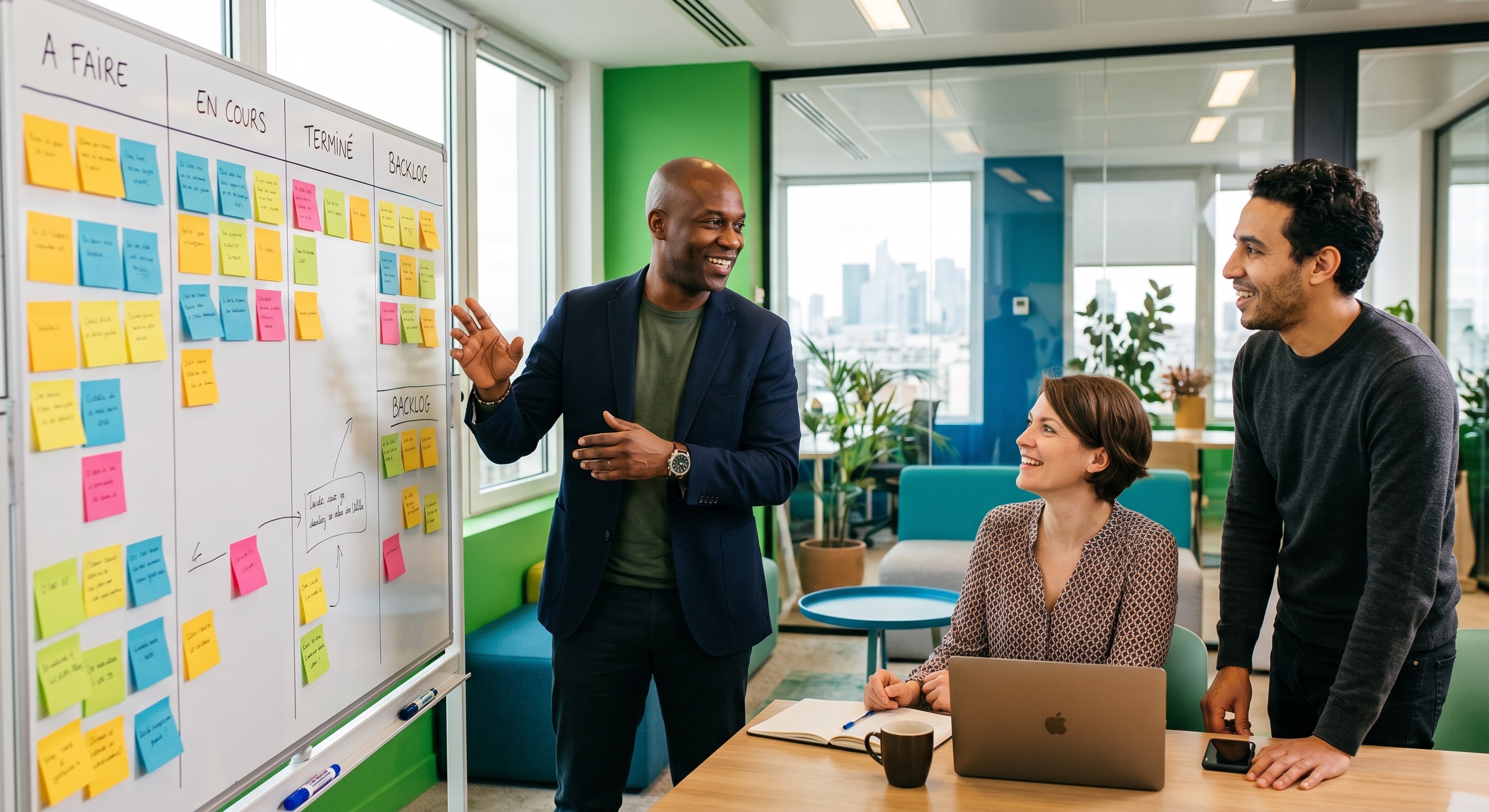 Scrum PSM CSM 2026 : équipe agile en réunion avec tableau kanban de post-its colorés