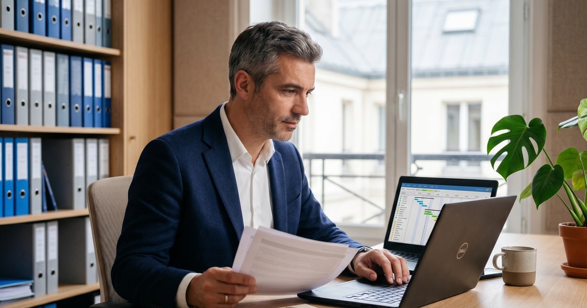 PMP credential 2026 : chef de projet senior analysant un diagramme de Gantt sur laptop dans un bureau parisien moderne