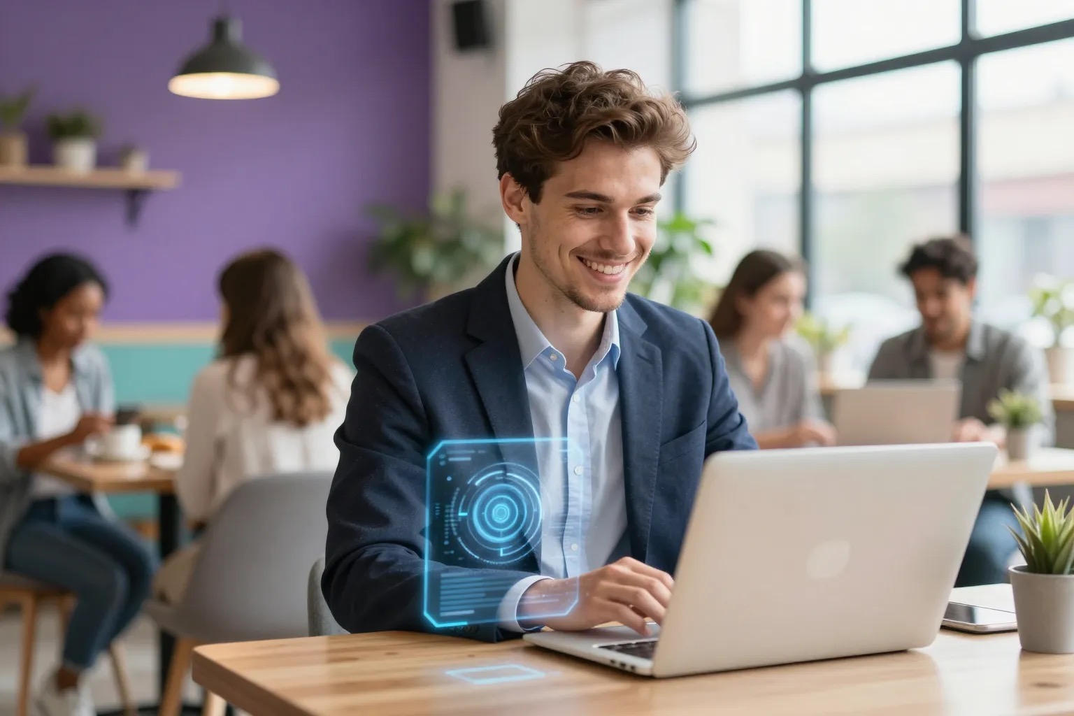 Formation IA CPF 2026 : professionnel utilisant intelligence artificielle avec interface holographique