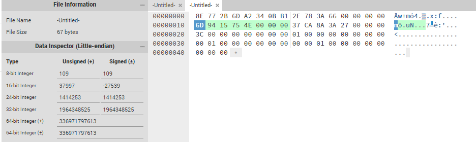 Hexed UI showing bytes that correspond to our input argument 336971797613 