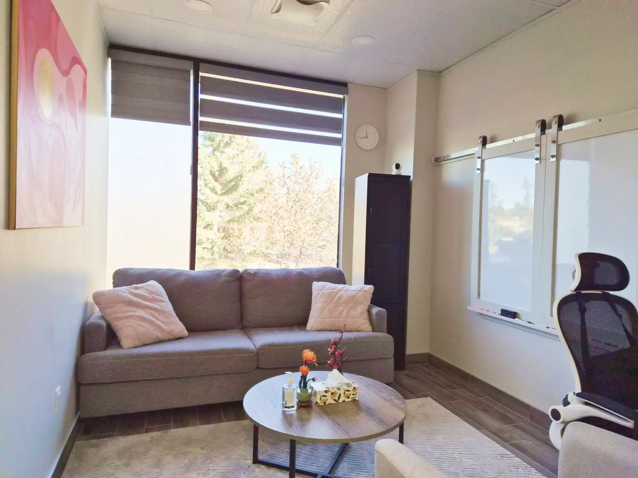 Gray couch with two beige pillows in front of a large window with a round wooden coffee table holding a tissue box, hand sanitizer, and small floral decorations.