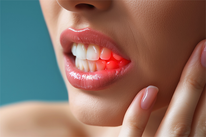 歯や顎に痛みがある女性の口物写真