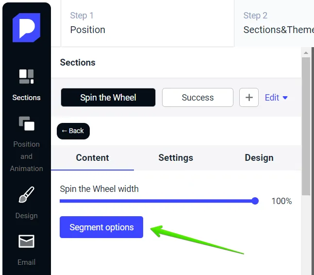 To customize the wheel design click on the Segment options button.