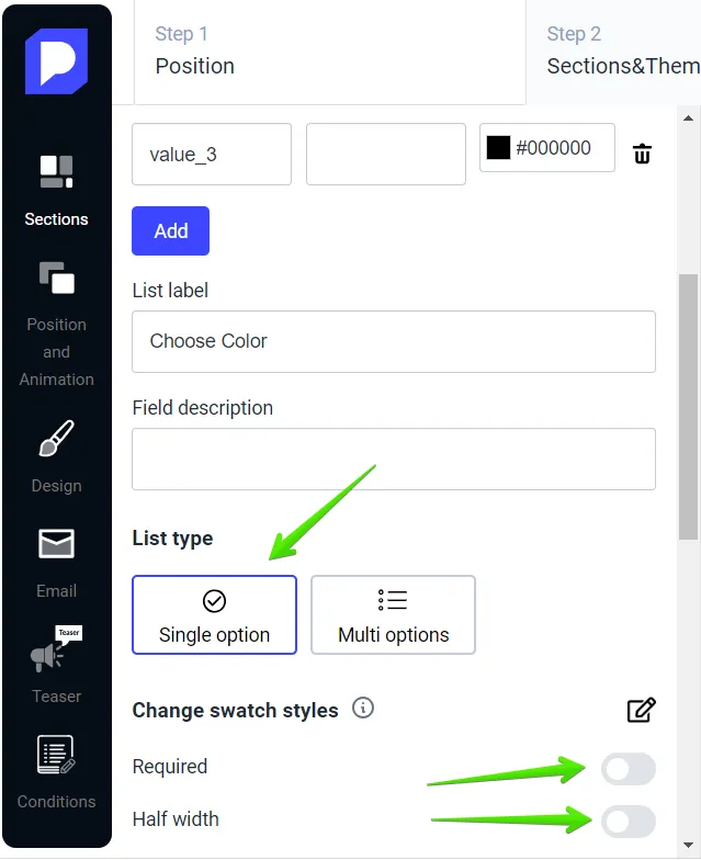 it is possible to make the field obligatory and half-width.