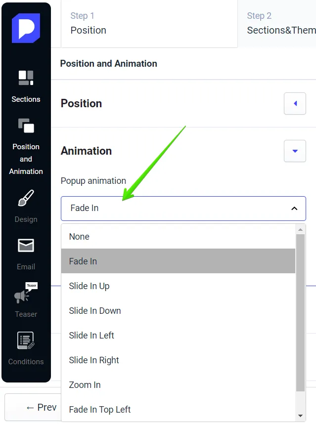 Use the "Animation" tab to select an animation of how it appears to customers.