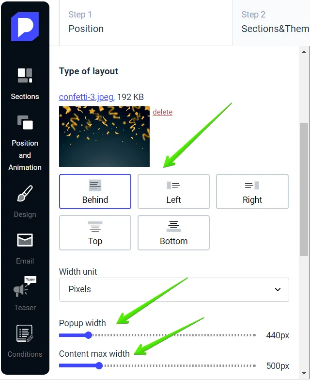 Here you also can change the popup width and content max width.