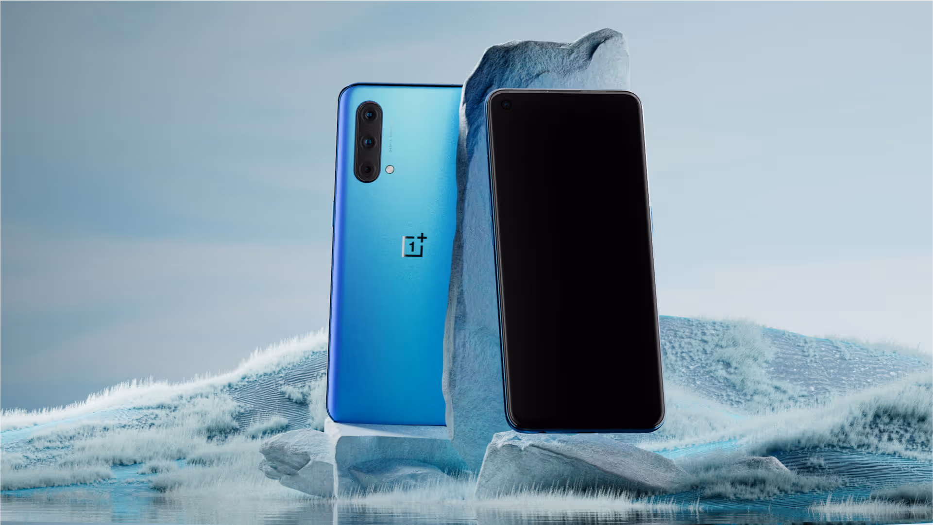 Two OnePlus devices, float over blue landscape.
