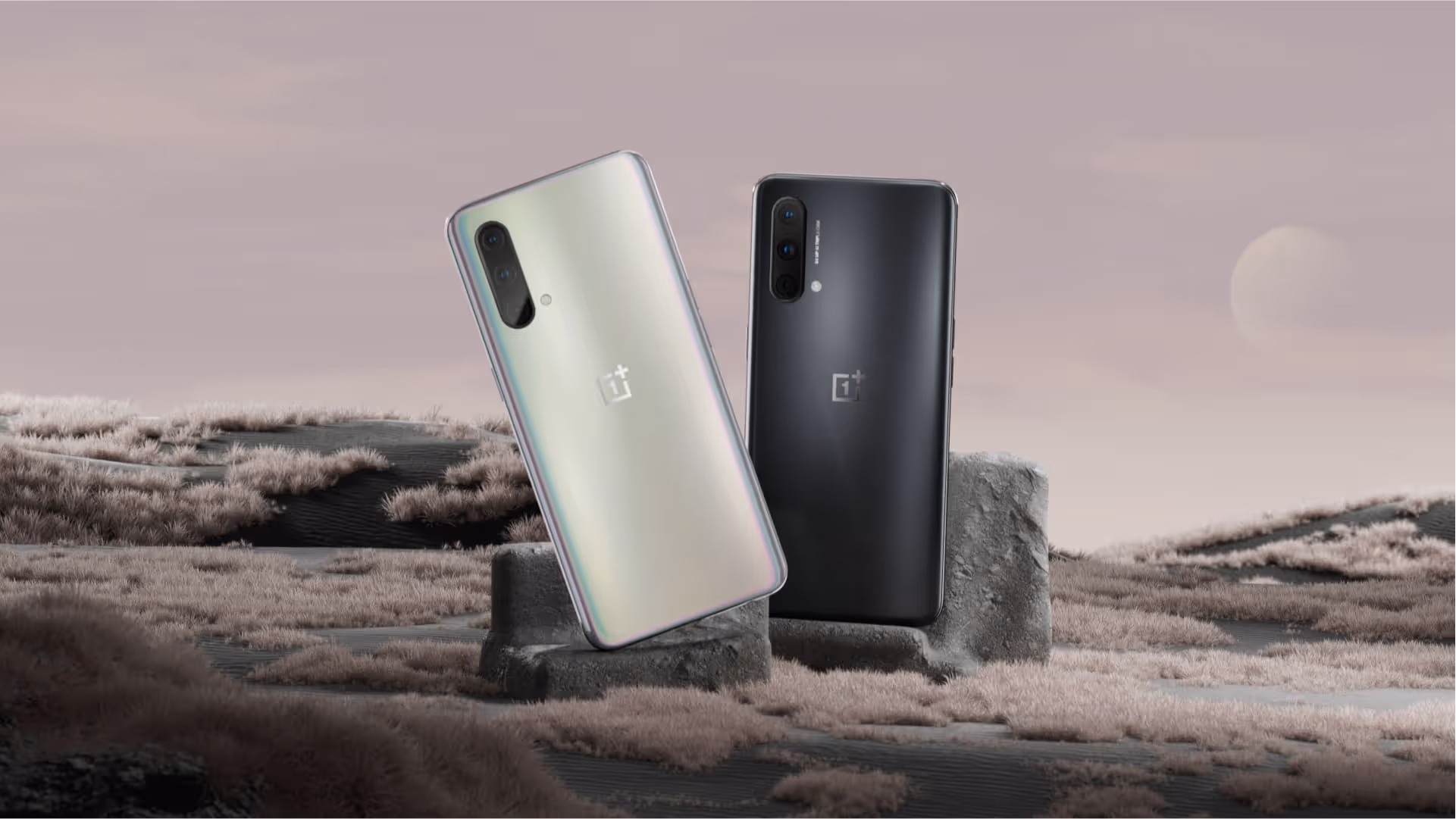 Two OnePlus devices stand on a light brown background landsscape.
