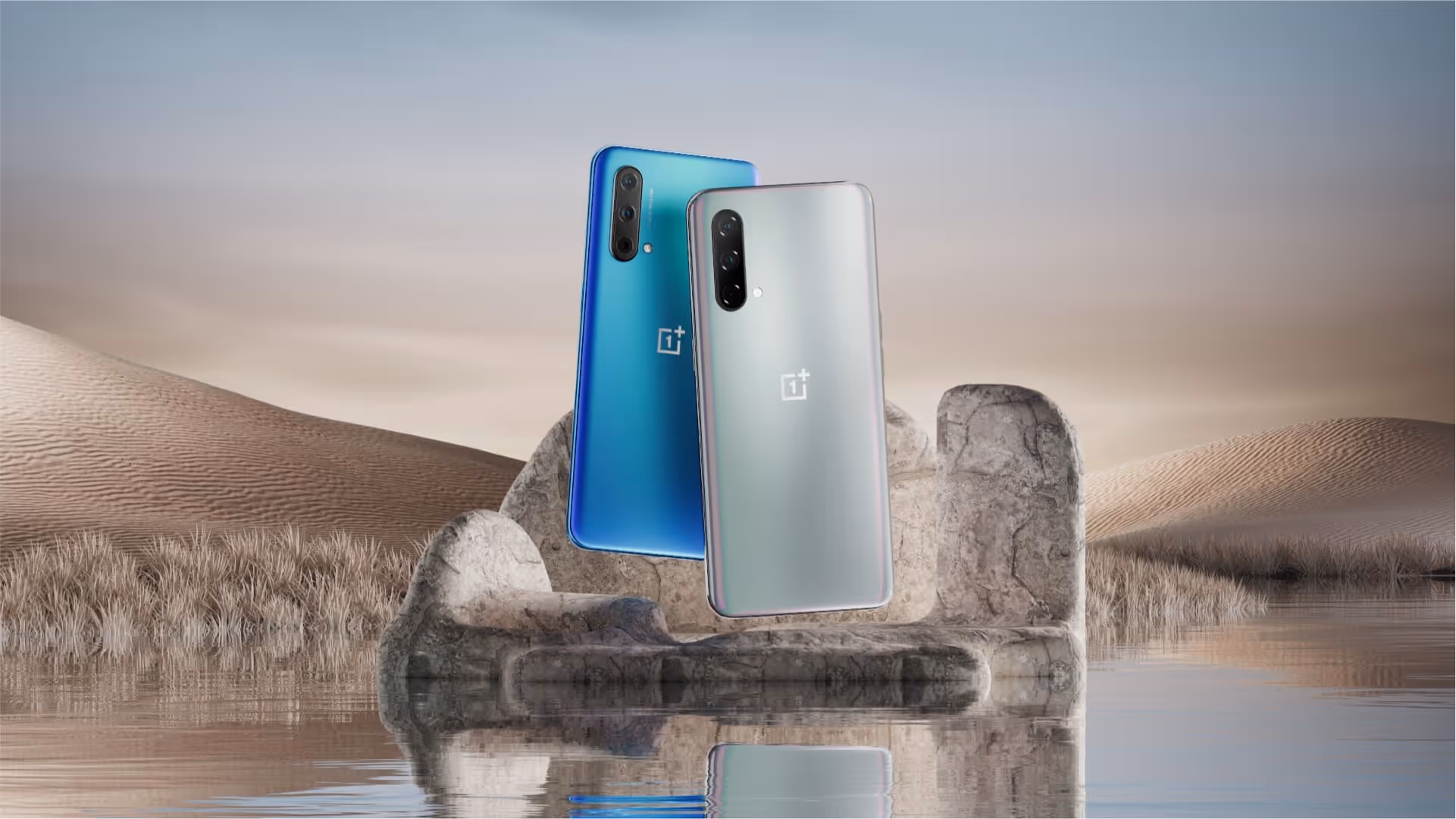 Two OnePlus devices stand against a desert backdrop.
