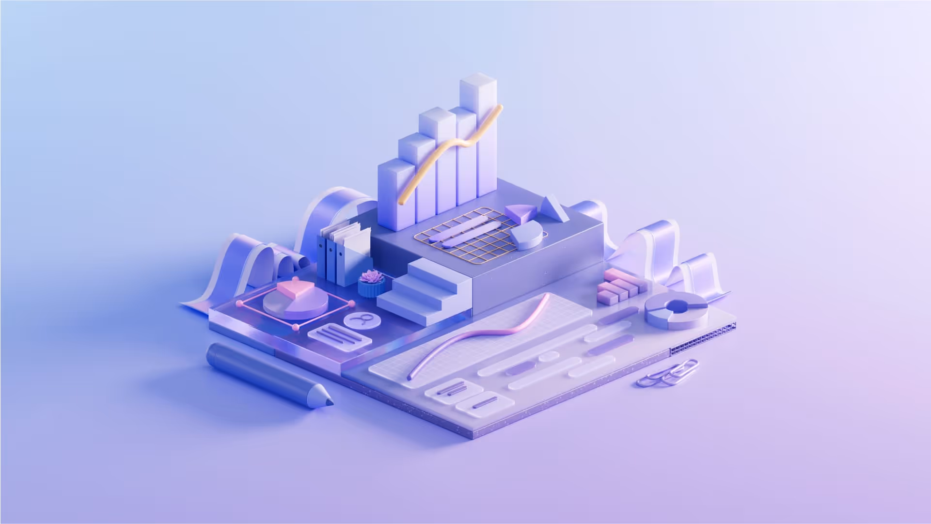 A cute orthographic diorama of charts and info icons sits on a lilac floor (day).