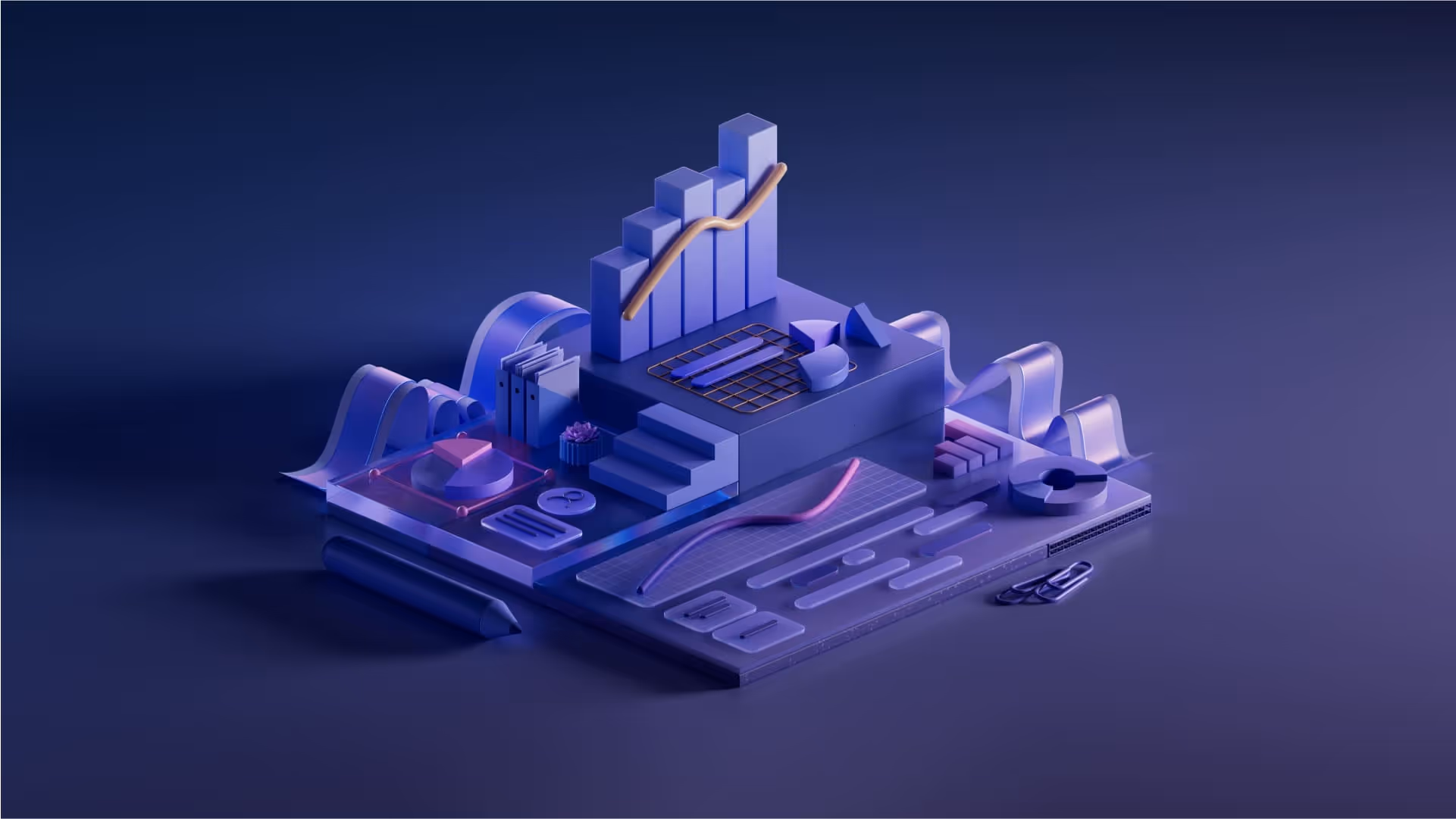 A cute orthographic diorama of charts and info icons sits on a lilac floor (night).