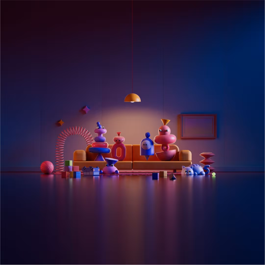 A collection of avatars seated on a cosy sofa (night time).