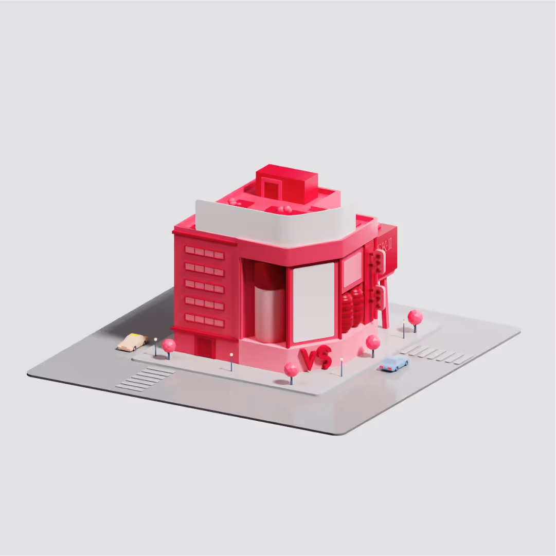 Orthographic, 3D render of a cartoon-style building in pink on an infinite white background.