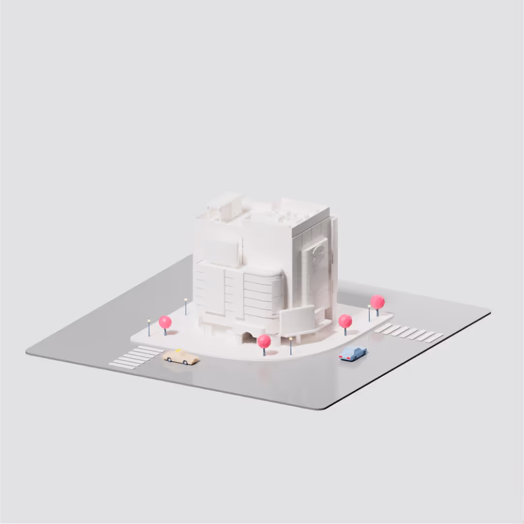 Orthographic, 3D render of a cartoon-style building in white on an infinite white background.