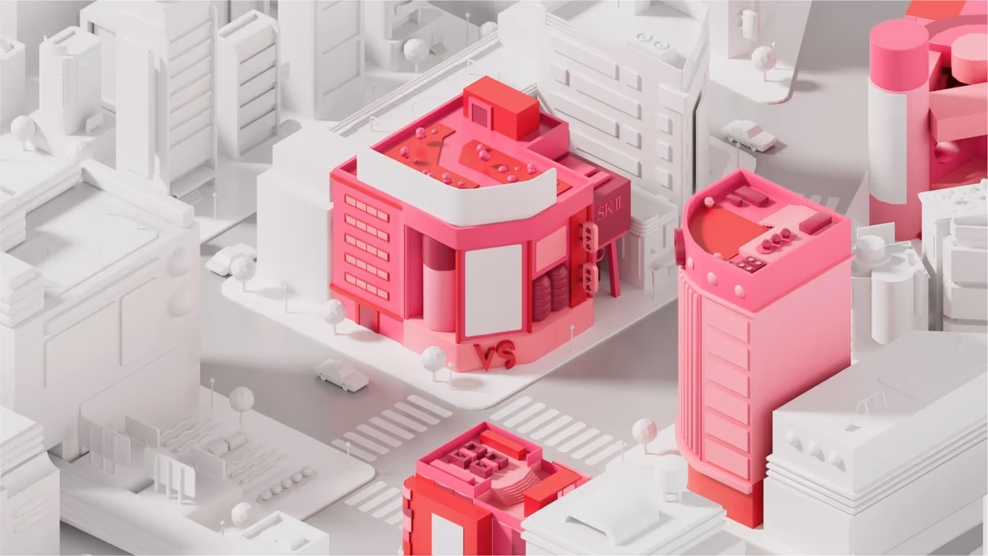 Pink and white cartoonish buildings viewed from above.