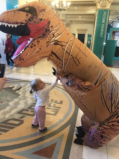 A toddler aged girl gives a high five to a museum employee inside of a blow-up T Rex dinosaur costume.