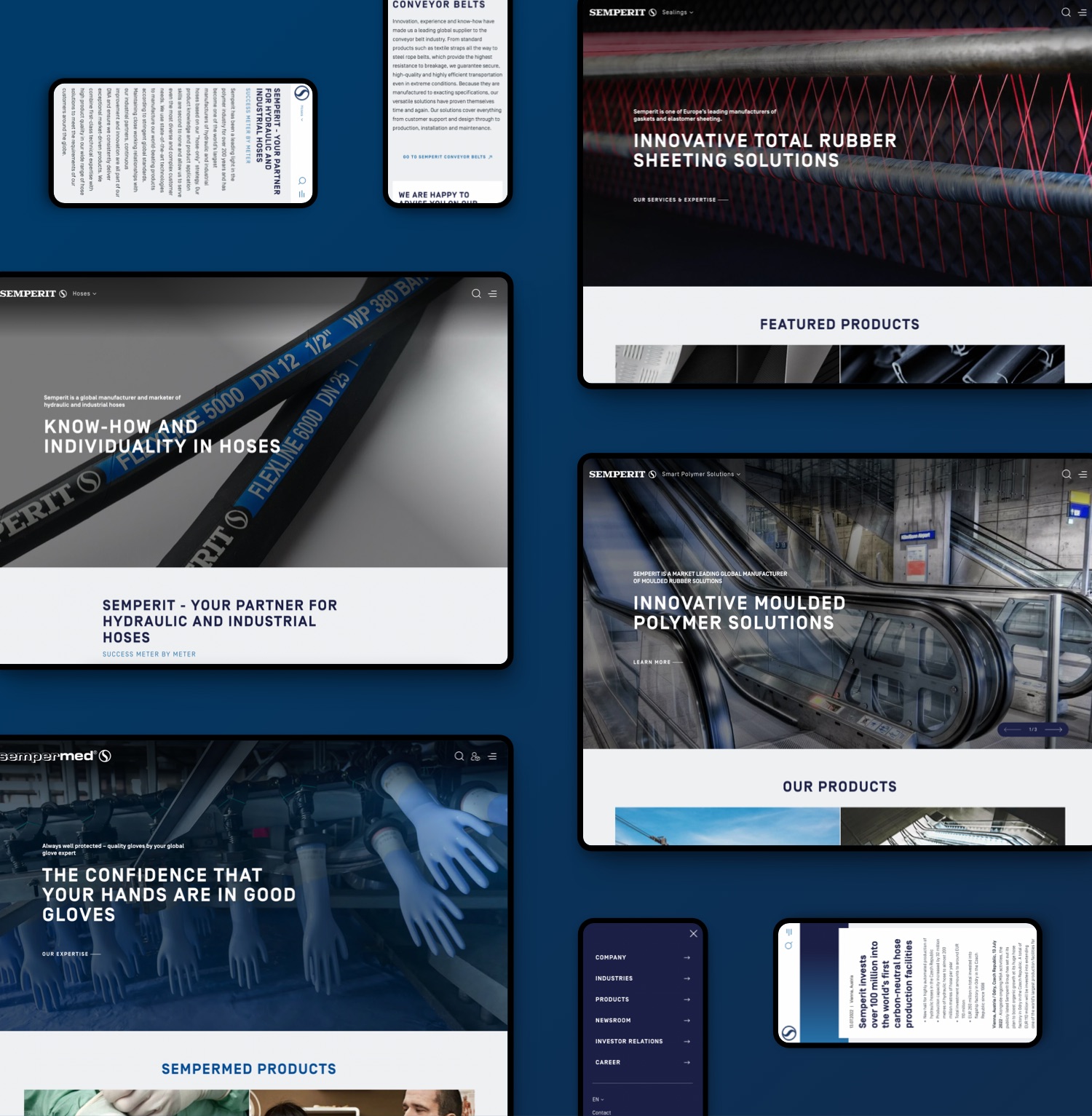 Screenshots from various semperit websites on dark-blue background