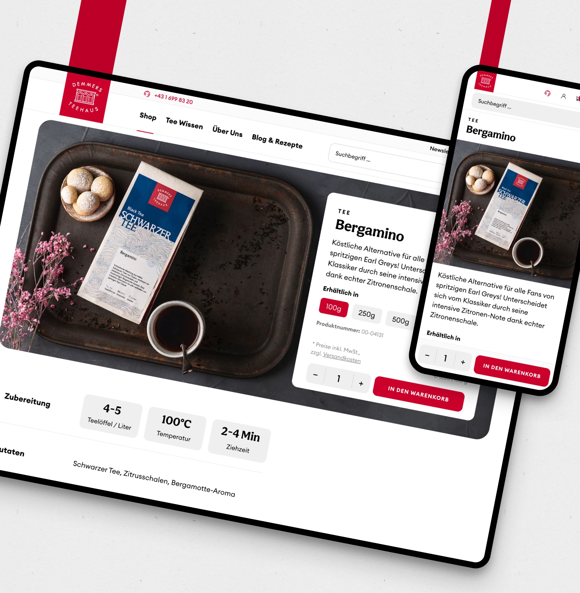 Tablet and mobile mockup showing a screenshot of the tee.at website