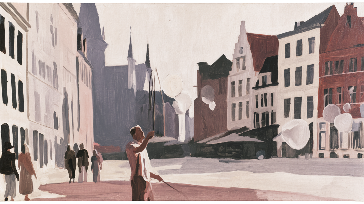 Oil-painting-style Ghent street scene with a performer creating large soap bubbles in the summer light.